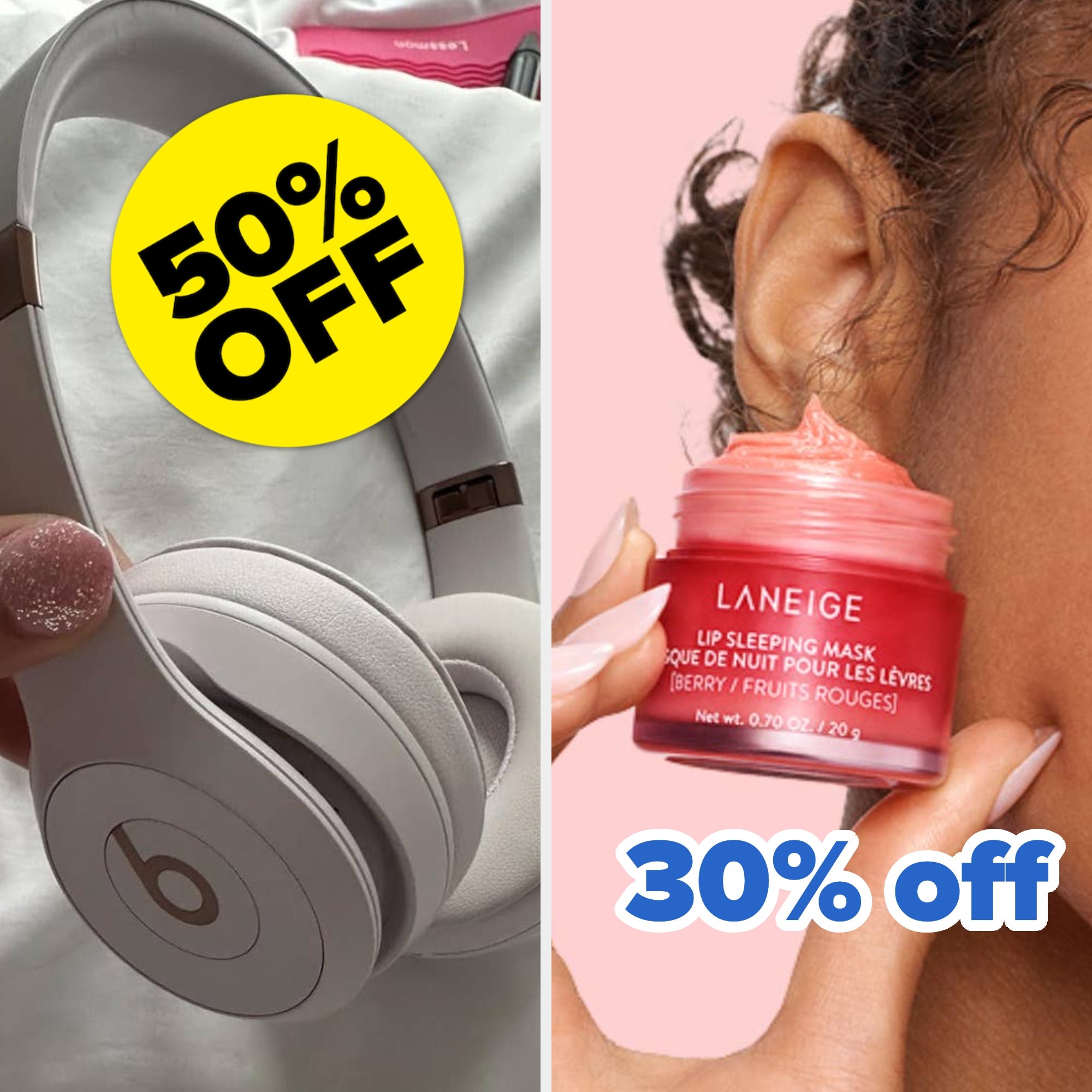 Headphones with "50% off" sticker; woman's face applying lip mask with "30% off" text
