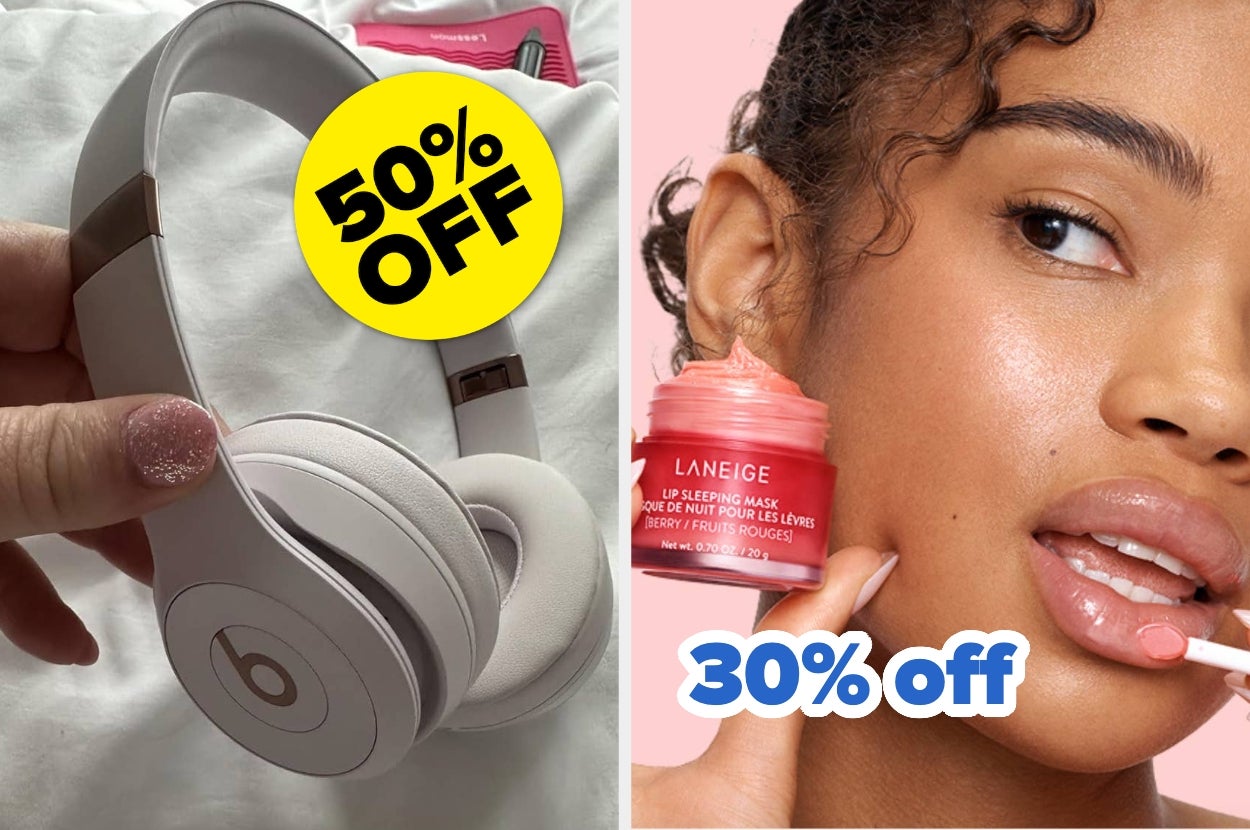Headphones with "50% off" sticker; woman's face applying lip mask with "30% off" text