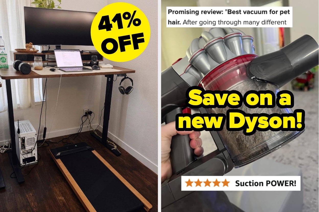 Left: Treadmill desk setup with monitor and stationary bike. Right: Handheld Dyson vacuum with text "Save on a new Dyson! Suction POWER!"