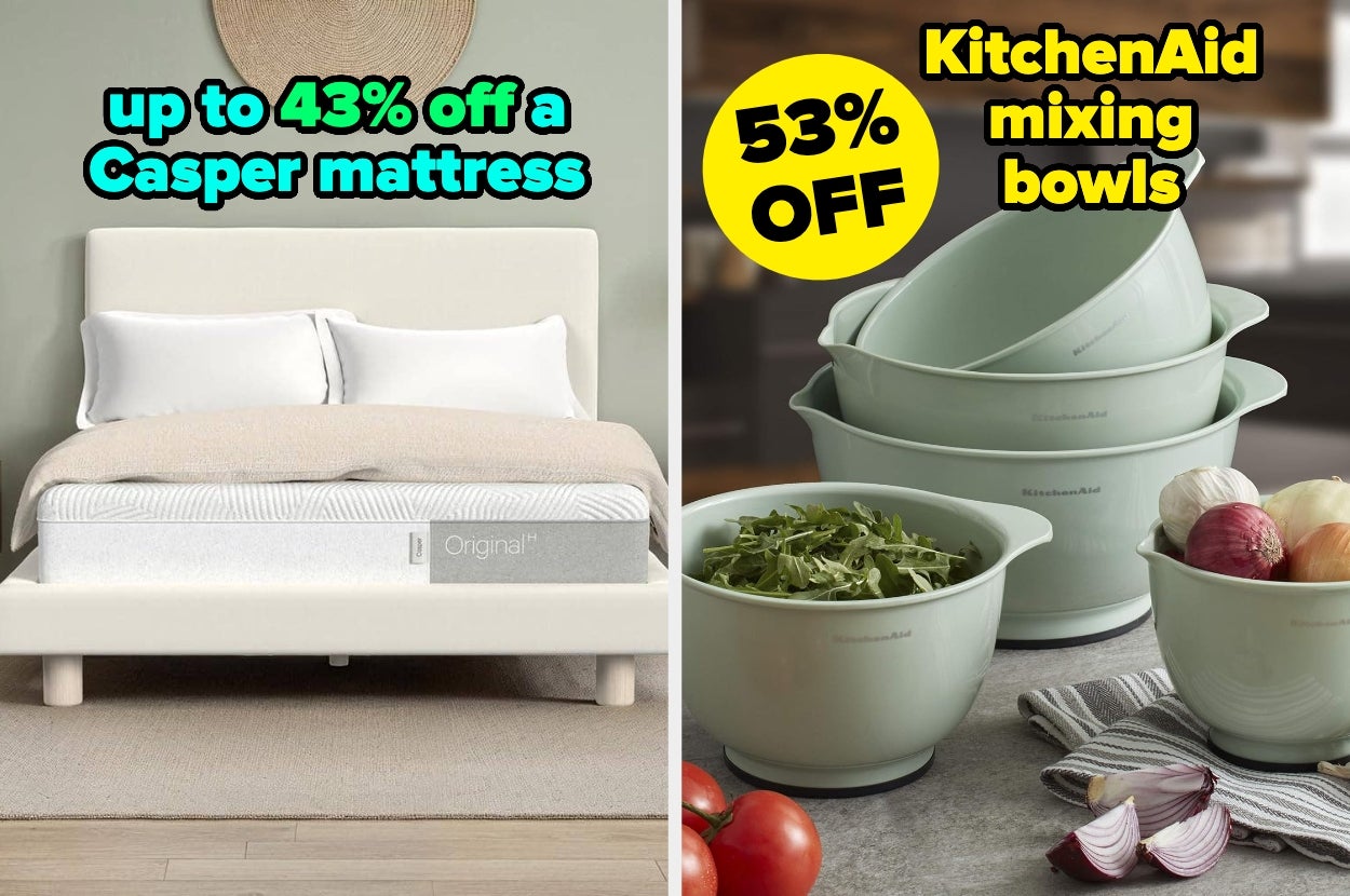Casper mattress with up to 43% discount and KitchenAid mixing bowls at 53% off, featuring fresh ingredients and textiles