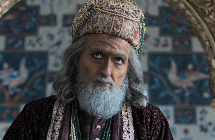 Person in ornate traditional attire with a beaded turban and long gray beard, set against a decorative backdrop