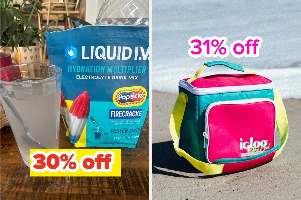 Liquid I.V. drink mix with 30% off and Igloo cooler bag with 31% off displayed on a beach setting