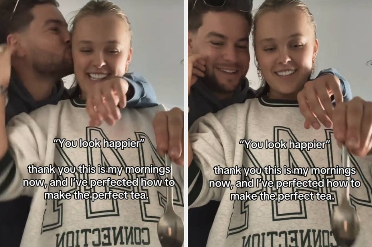 Two people smiling; one kisses the other on the cheek. Text reads: "You look happier." "Thank you, this is my mornings now... perfect tea."