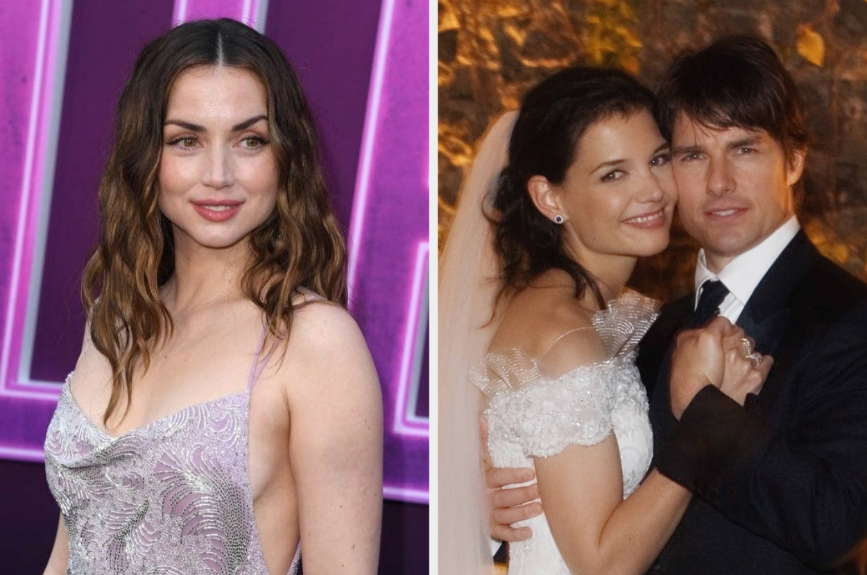 Left: Ana de Armas at an event. Right: Katie Holmes and Tom Cruise in wedding attire