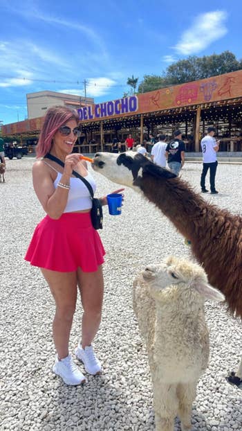 Person successful casual summertime attire, achromatic apical and pinkish skirt