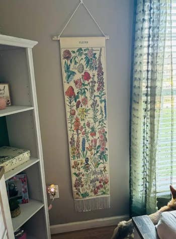 Decorative partition hanging featuring assorted flowers, labeled