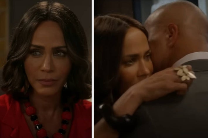 Two scenes from a TV show featuring a person in a red outfit with a beaded necklace, looking serious, and embracing another person