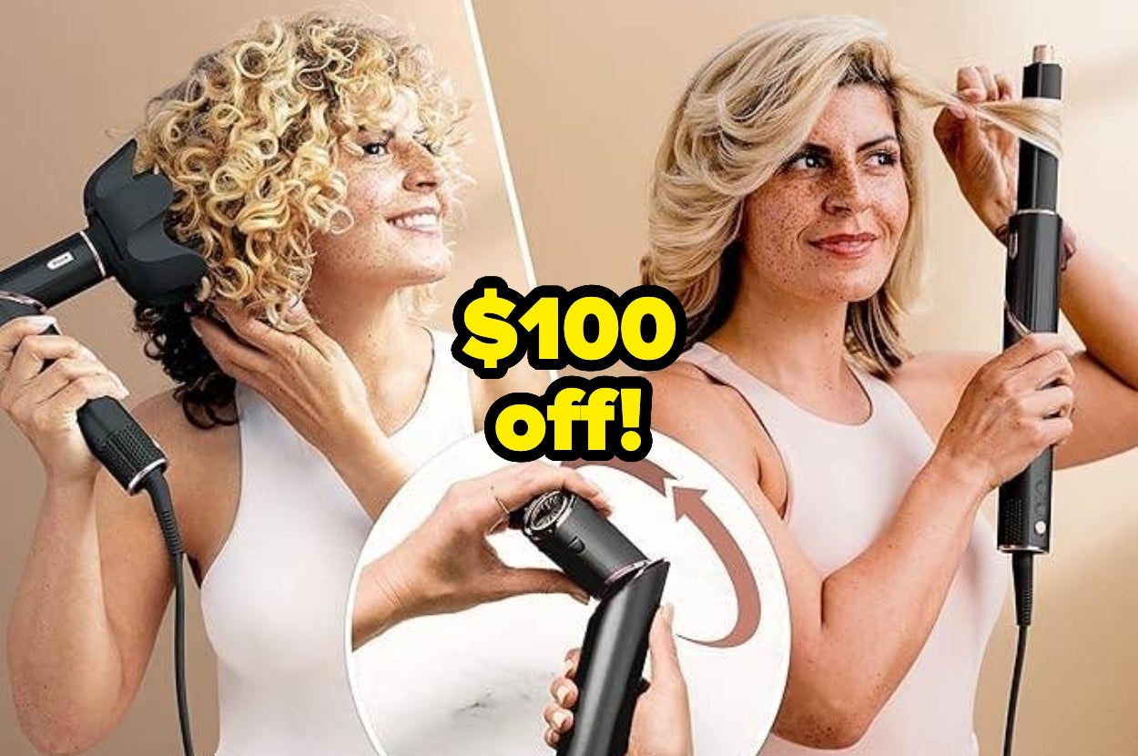 Two people style hair with a multi-functional hair tool, featuring a curling and drying attachment. Text overlay: "$100 off!"