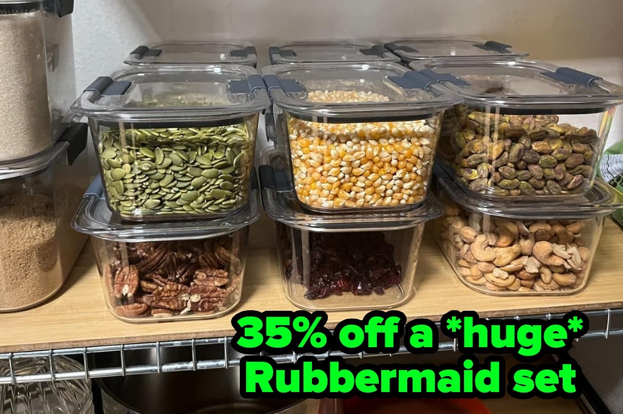 Kitchen containers filled with various dry goods on a shelf with a "35% off a *huge* Rubbermaid set" text overlay