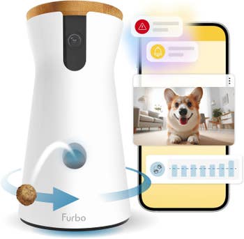 Furbo favored camera dispensing treat, smartphone displaying app interface with a Corgi's image, and alerts for favored activity