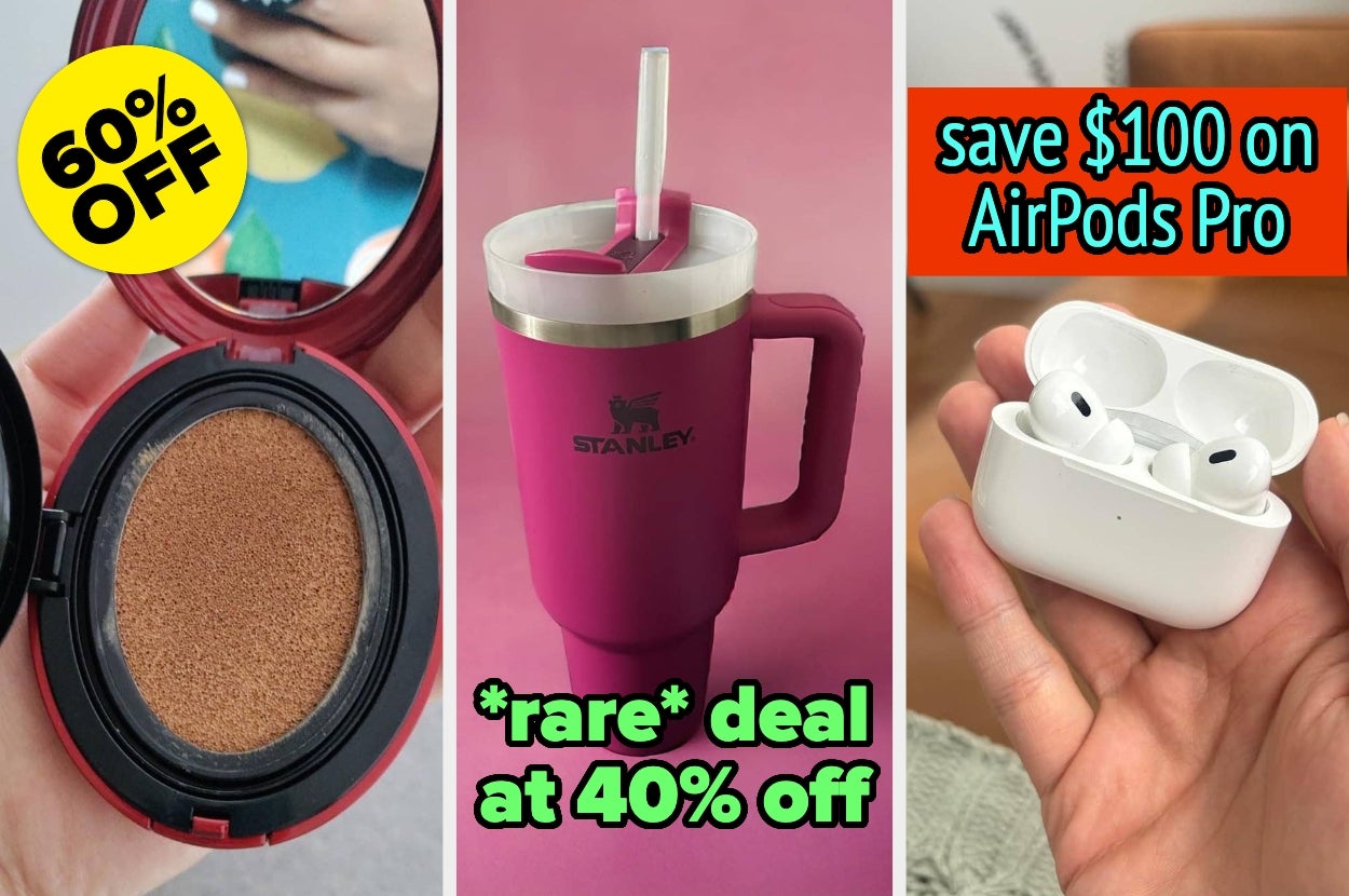 Makeup compact with 60% off, pink Stanley mug with straw at 40% off, and AirPods Pro with $100 discount highlighted in a shopping ad