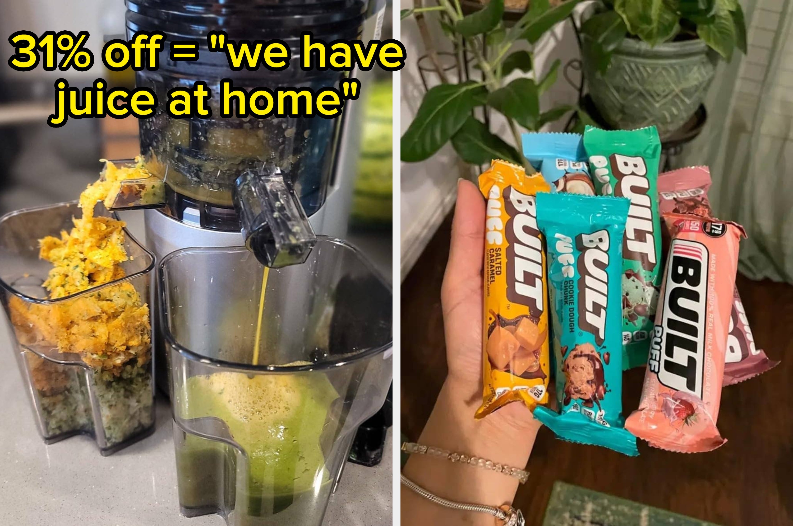 Left: Juice being made with a juicer. Right: Hand holding four protein bars in various flavors