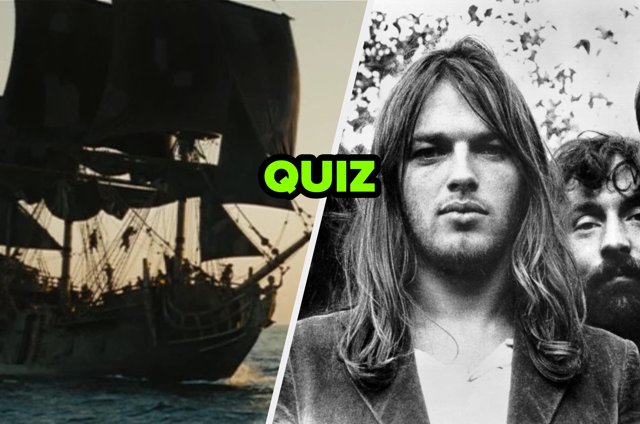 A sailing ship at sea on the left; right shows a vintage photo of band members. "QUIZ" is written in the center