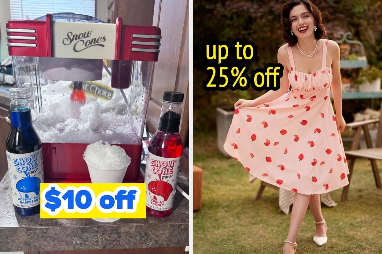 Snow cone machine set with flavored syrups and a woman in a strawberry-patterned dress. Discounts up to 25% and $10 off displayed