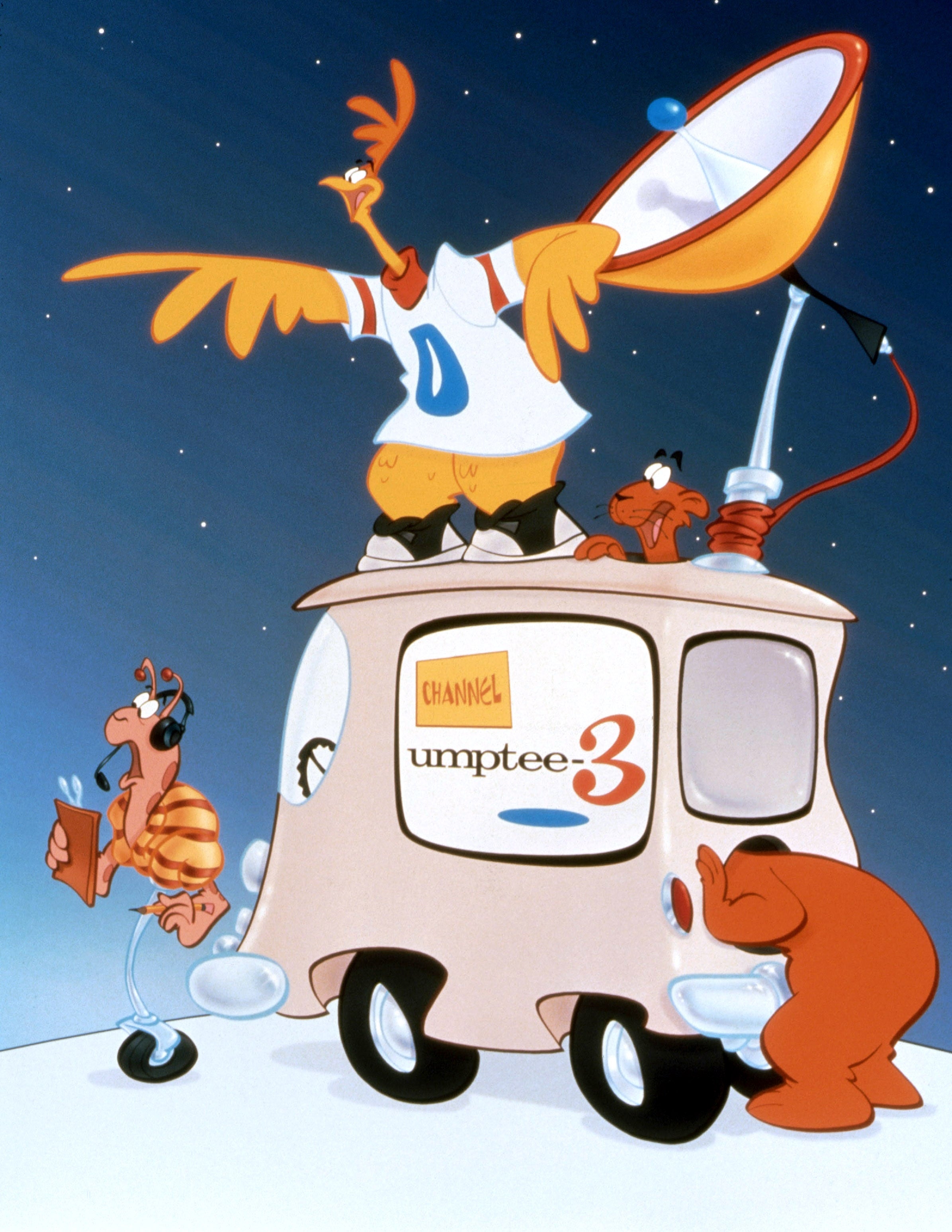 Animated characters on a news van with a satellite dish, one wearing a T-shirt with the letter "D" and two others holding equipment