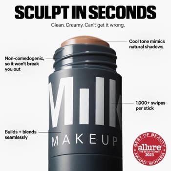 Makeup instrumentality advertisement highlighting features similar earthy shadiness effect, non-comedogenic, blends seamlessly, implicit 1,000 uses; award-winning