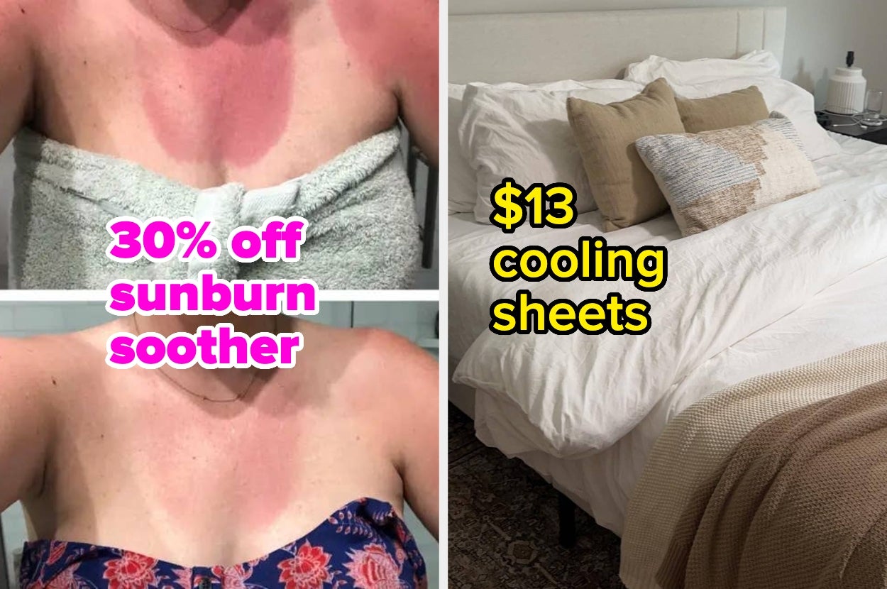 Upper image: Person with sunburn, text "30% off sunburn soother." Lower image: Person with unburned skin. Right image: Bed with text "$13 cooling sheets."