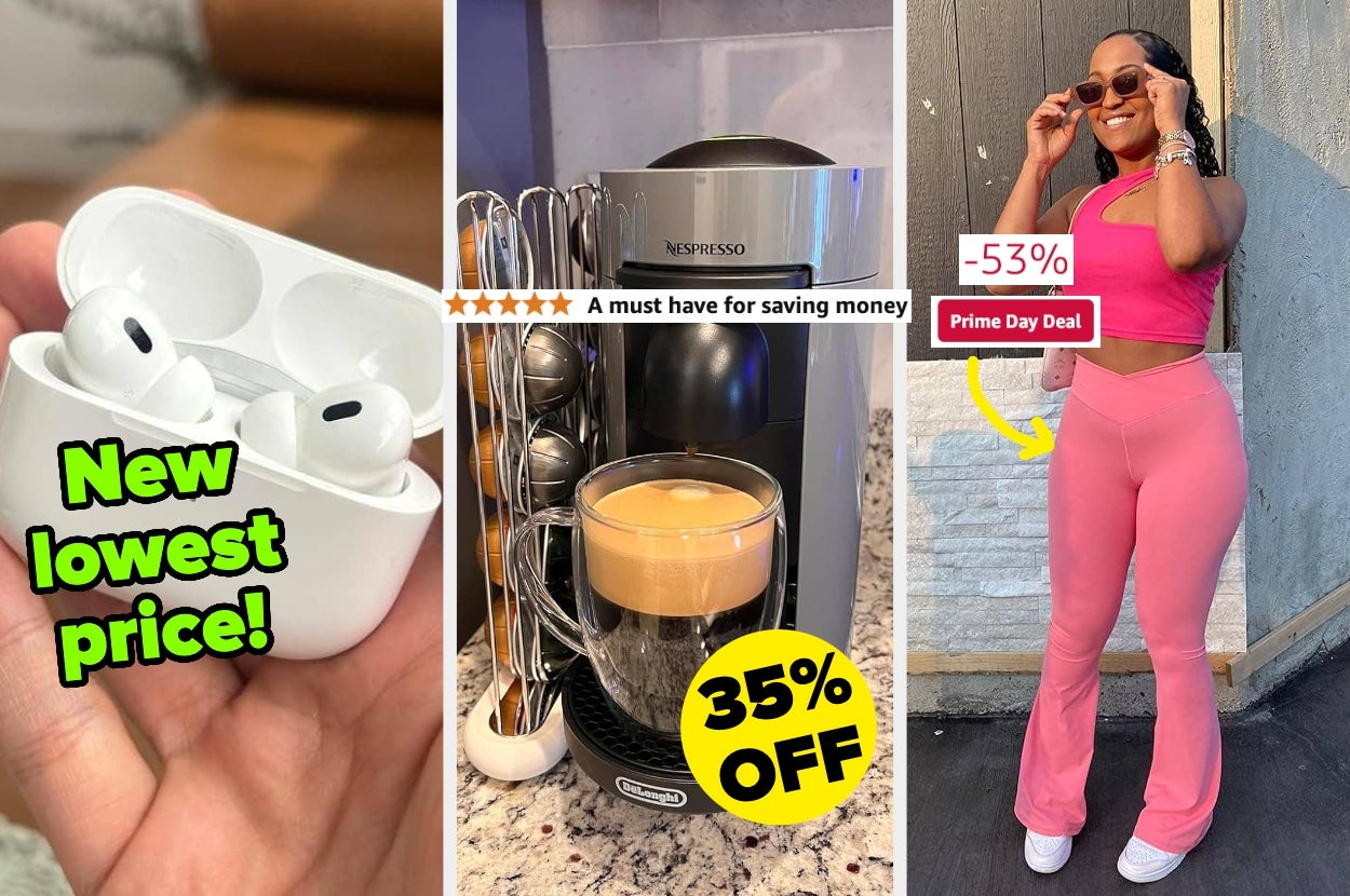 AirPods labeled "New lowest price," a coffee machine with "35% OFF," and a woman in pink activewear showing "Prime Day Deal -53%."