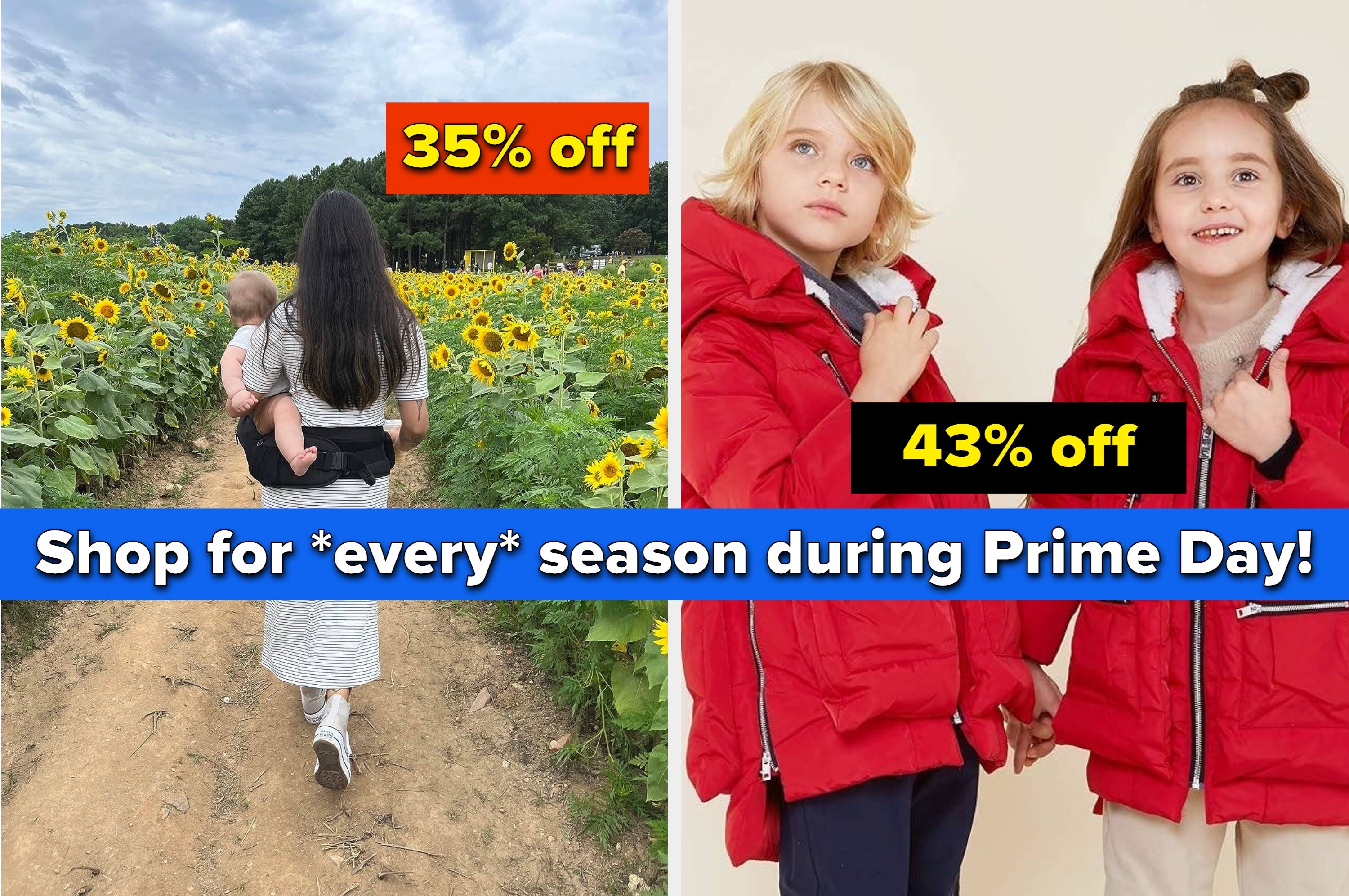 Left image: Child applies moisturizer. Right image: Two kids wear red winter coats. Text promotes Prime Day shopping with discounts for all seasons