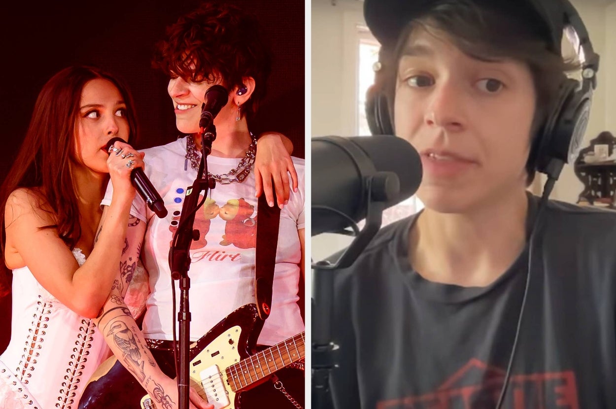 Two singers collaborate on stage; one holds a guitar, the other a microphone. A person in a cap sings into a microphone at a recording studio