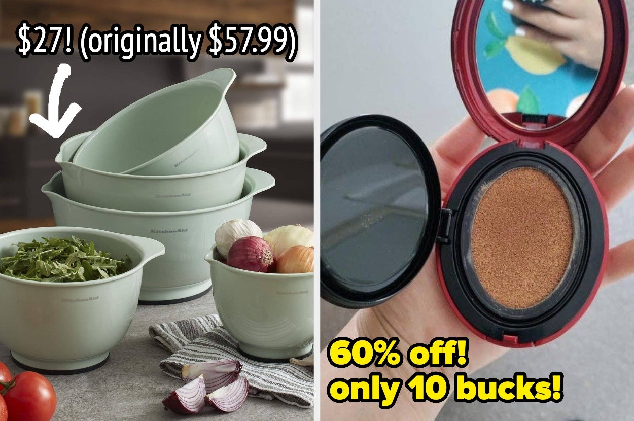 Left: Three mixing bowls with produce, priced at $27 (originally $57.99). Right: Open cushion compact, 60% off, now $10