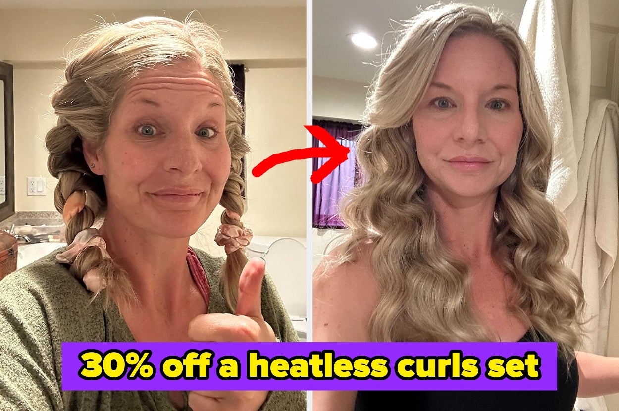 reviewer shows thumbs up with braided hair on left, styled curls on right. Text: "30% off a heatless curls set."