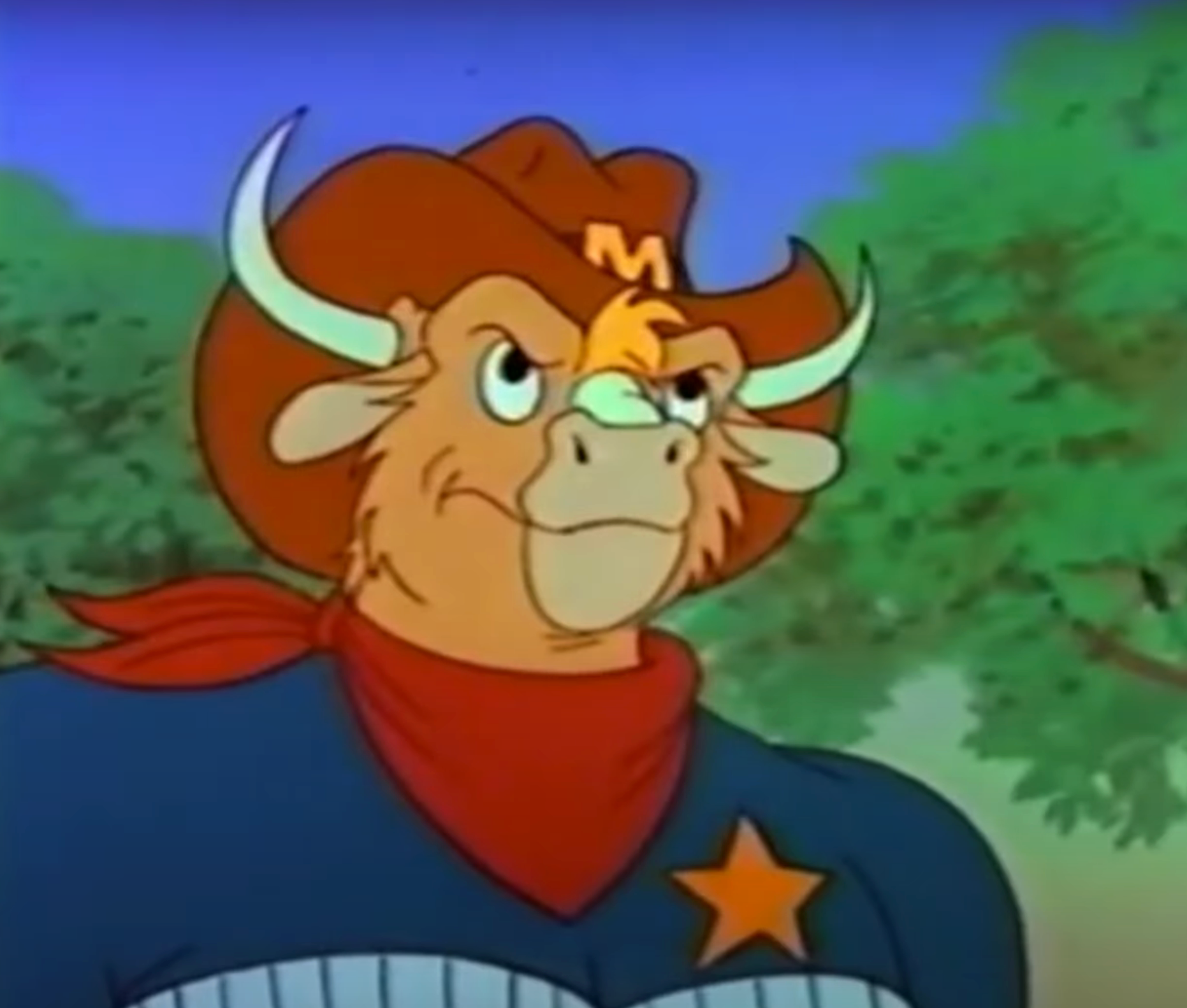 Animated anthropomorphic bull in a cowboy outfit with a hat and star badge