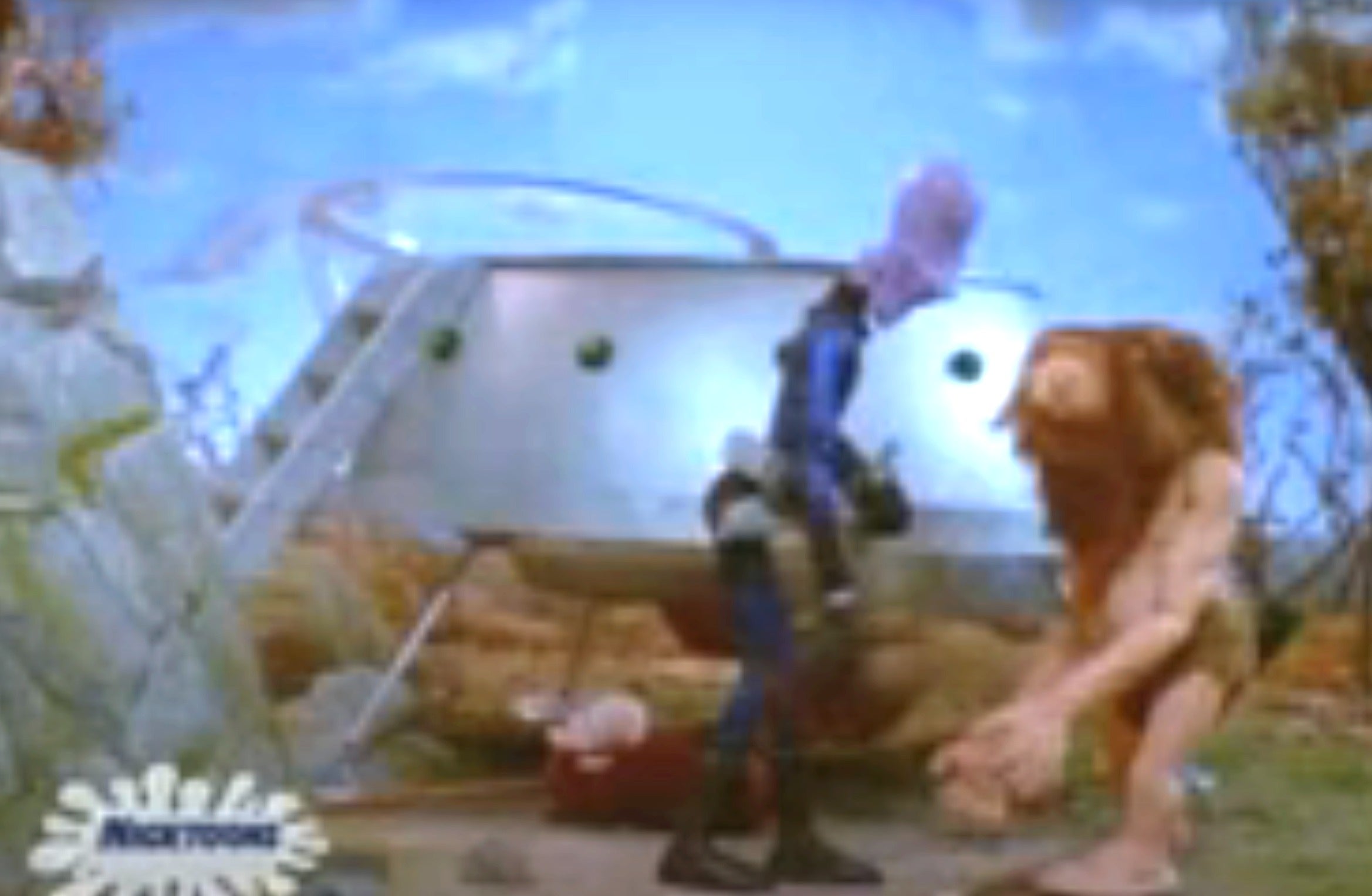 Claymation aliens interact near a spaceship in a surreal, sci-fi scene