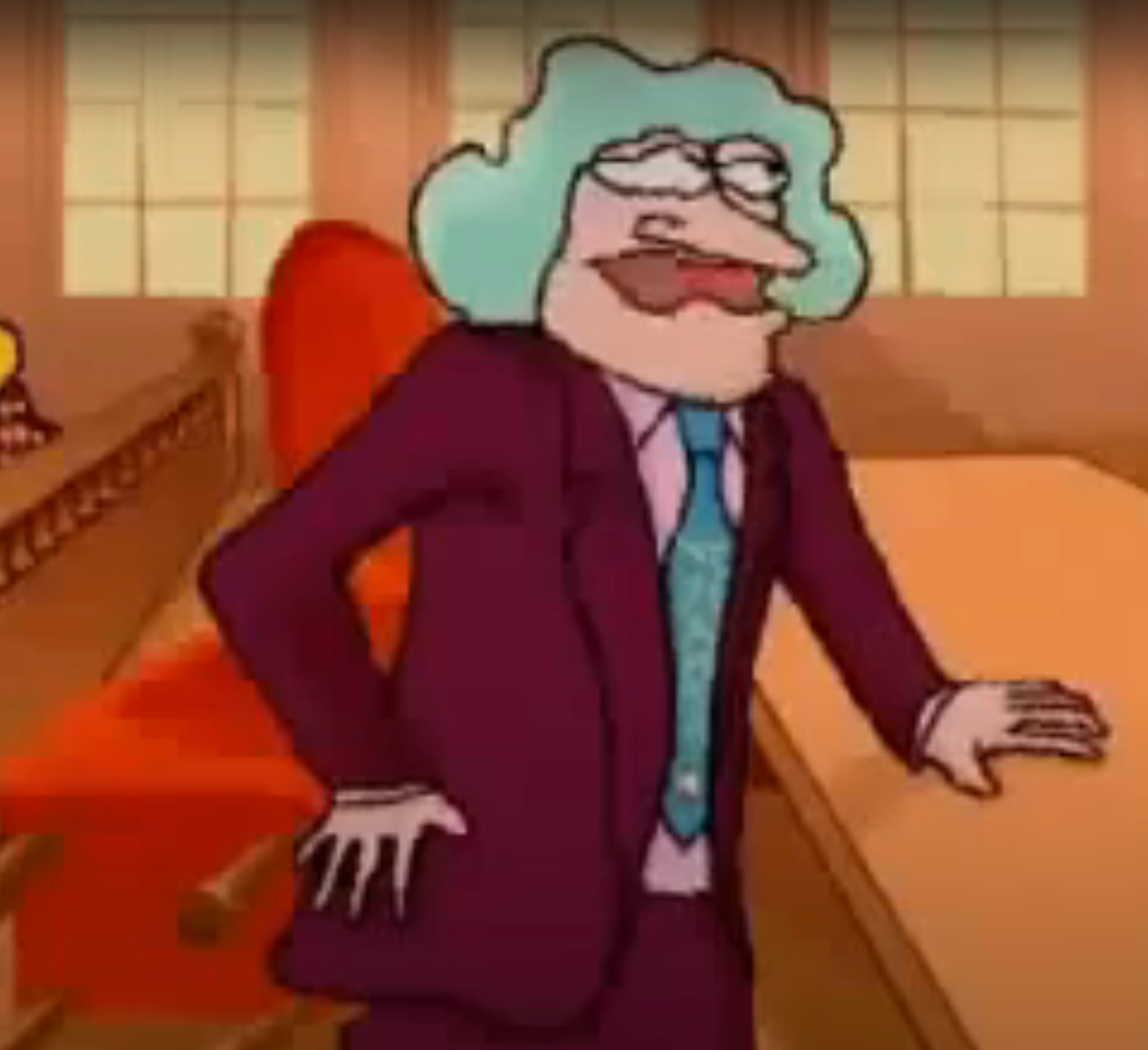 Animated character in a purple suit with teal hair, standing with one hand on their hip, in a room with a large chair