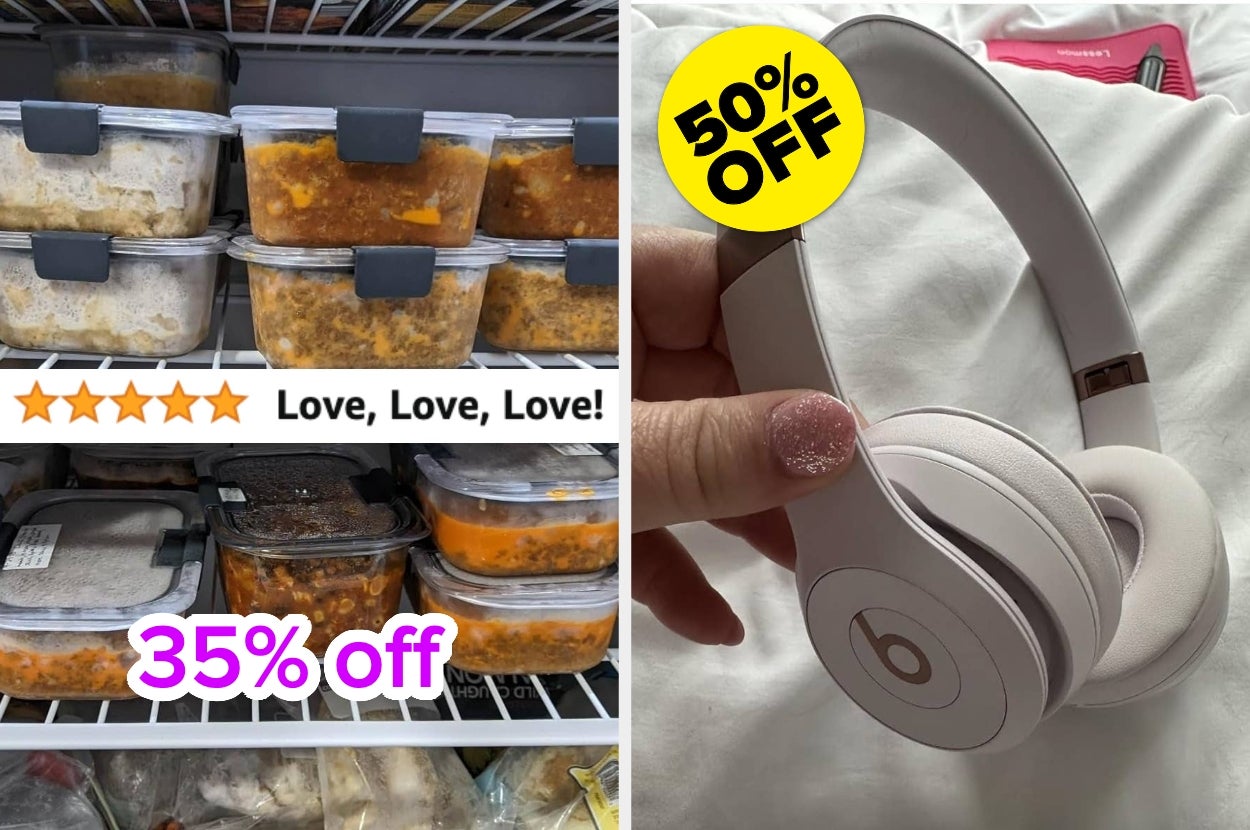 Prepared meals in containers with discount stickers and headphones at 50% off