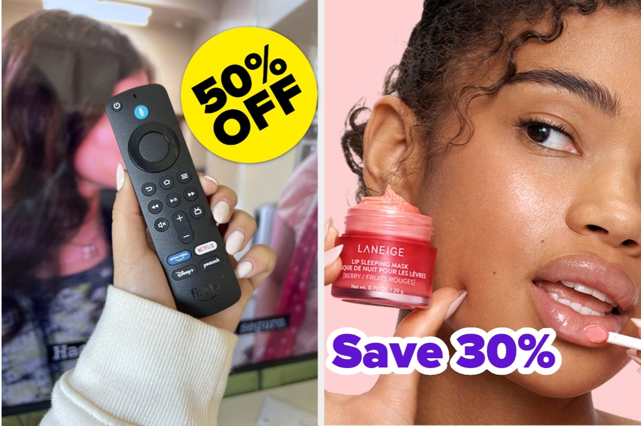 Left: Hand holding a TV remote near a screen with a "50% OFF" label. Right: model applying cream from a jar labeled "Laneige" with "Save 30%" text
