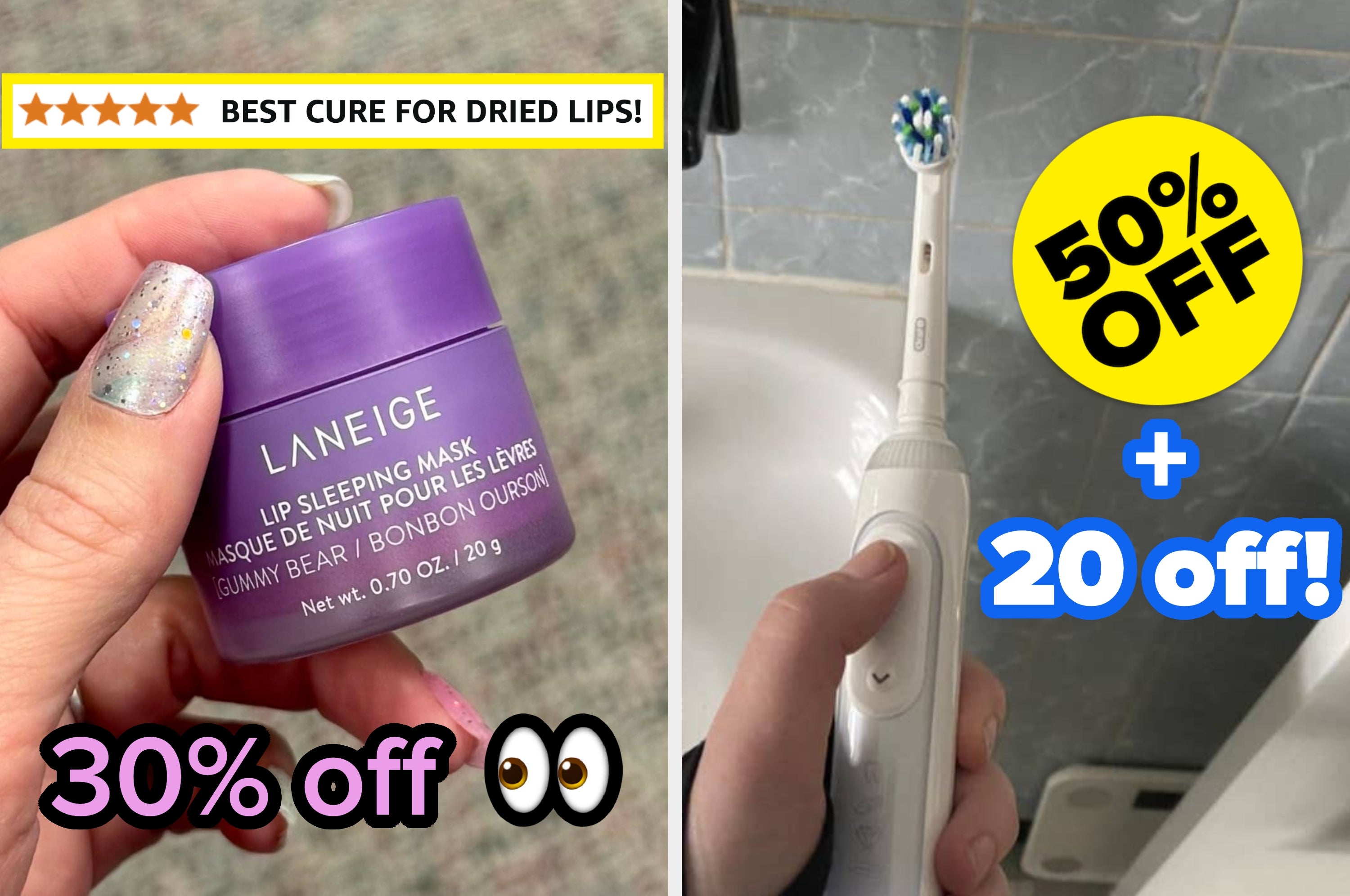 hand holding jar of Laneige lip mask; hand holding sonicare toothbrush