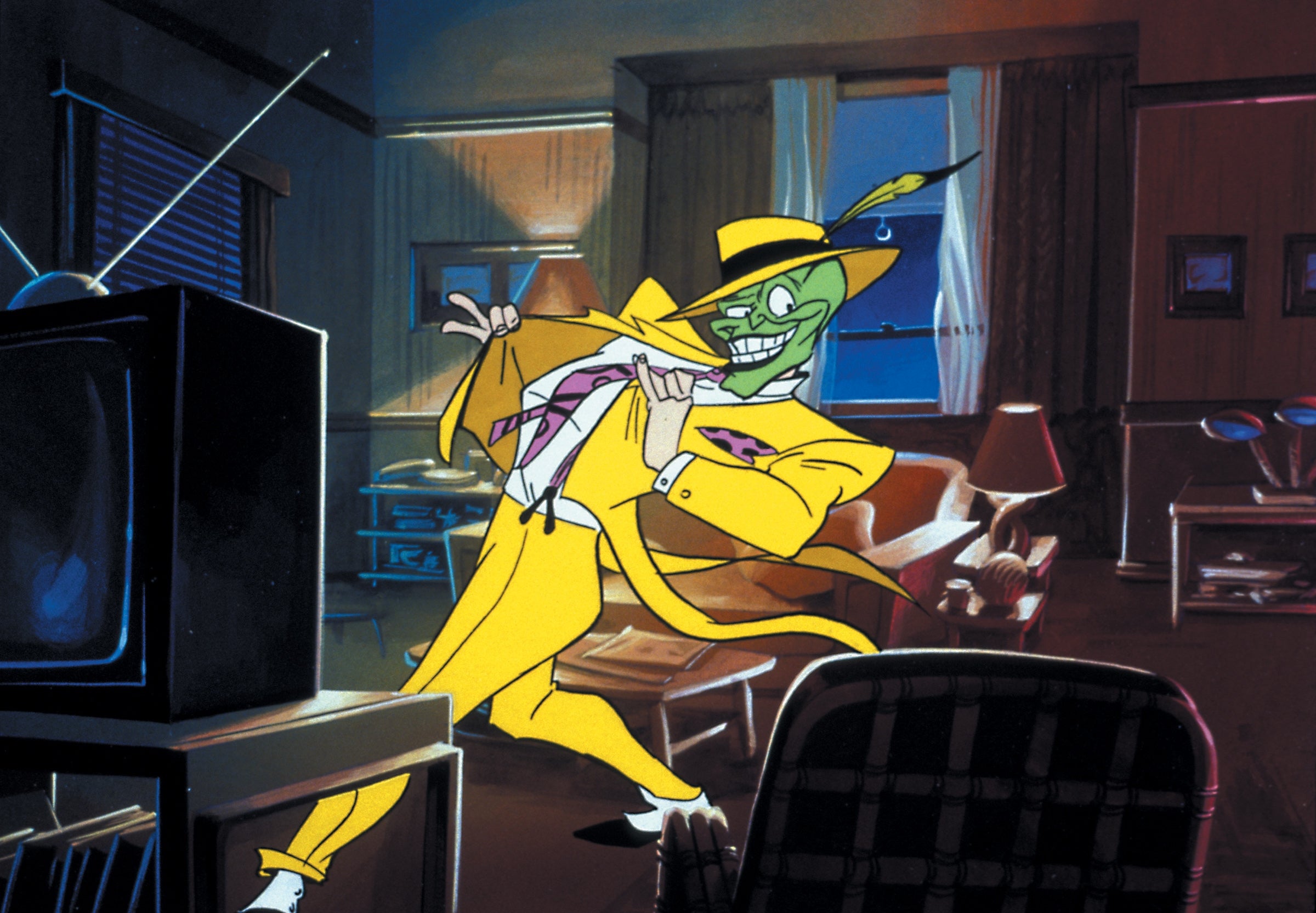 Animated character in a bright yellow suit, green face, and hat, gleefully dances near a TV in a living room setting