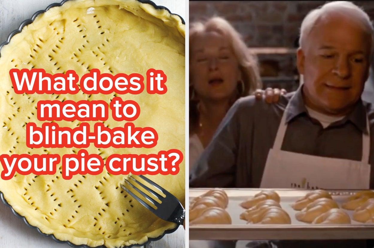 Left: Uncooked pie crust in a pan with fork marks. Right: Man holding a tray of baked goods. Text: "What does it mean to blind-bake your pie crust?"