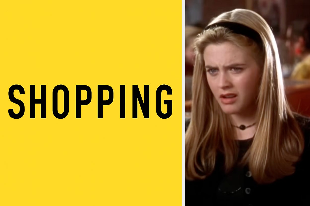 A person with long hair and a headband looks puzzled. The word "SHOPPING" is displayed in bold text on a yellow background