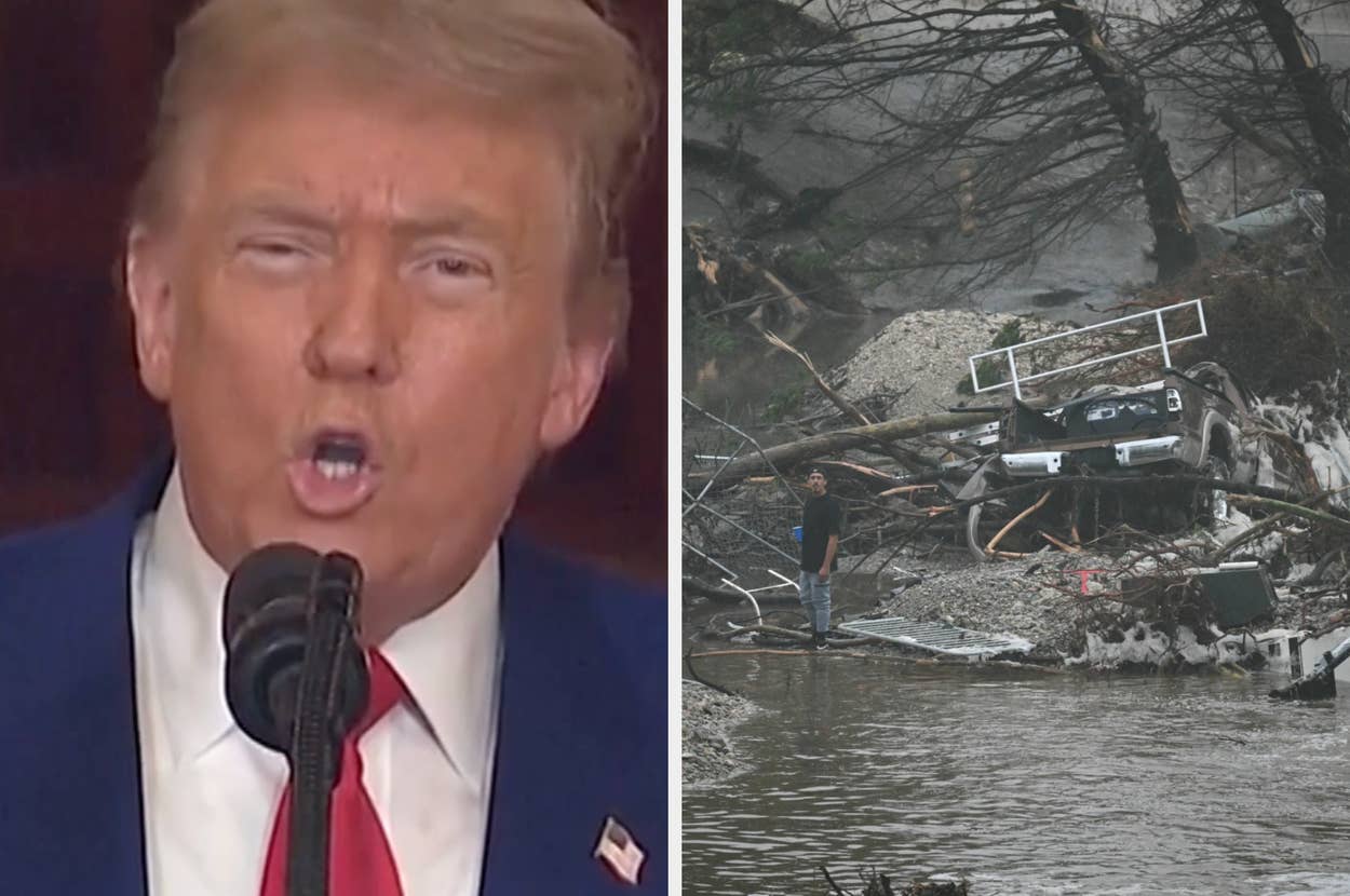 Left: Person speaking at a podium. Right: Flood damage with debris and a car partly in water, person standing nearby