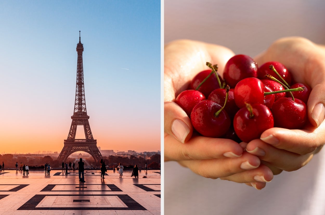 Left: Eiffel Tower silhouettes against the sky. Right: Hands holding ripe cherries