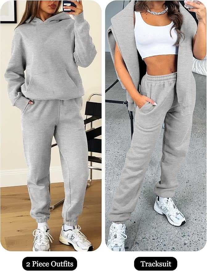  Left, a loose-fit hoodie and joggers. Right, a cropped apical  with joggers and hoodie draped implicit    shoulders
