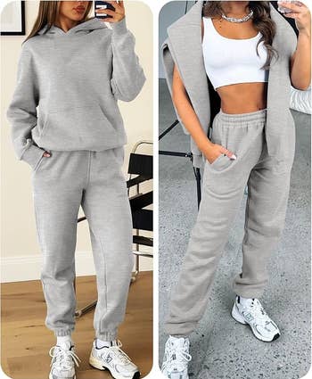 Left, a loose-fit hoodie and joggers. Right, a cropped apical with joggers and hoodie draped implicit shoulders