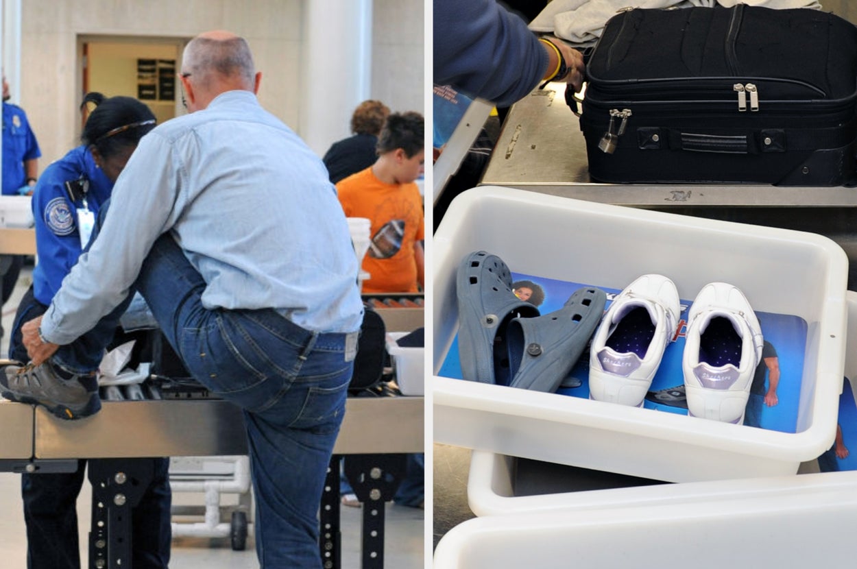 Airport security check: a man removes shoes for screening; nearby bins hold his gray and white sneakers and a black suitcase on the conveyor belt