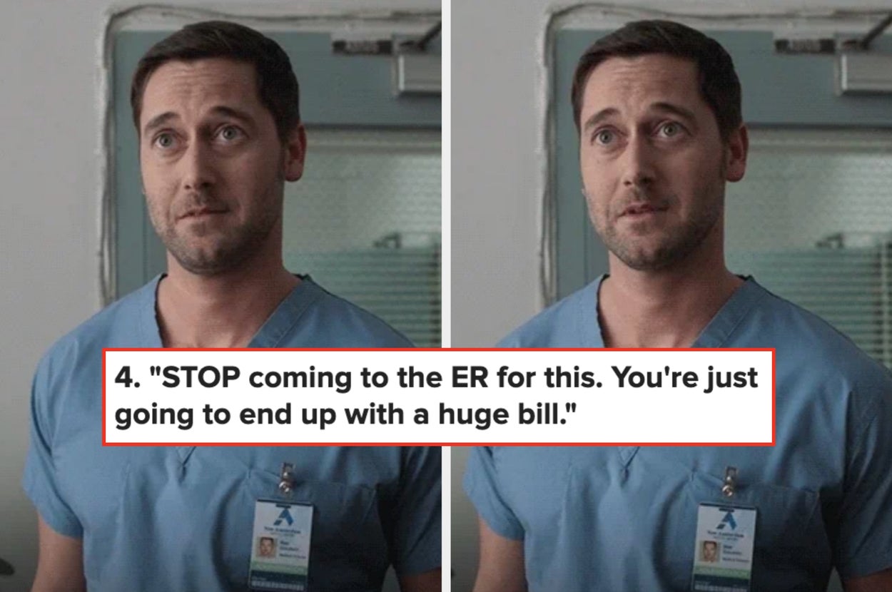 Doctor wearing scrubs is shown with the text: "STOP coming to the ER for this; you're just going to end up with a huge bill"