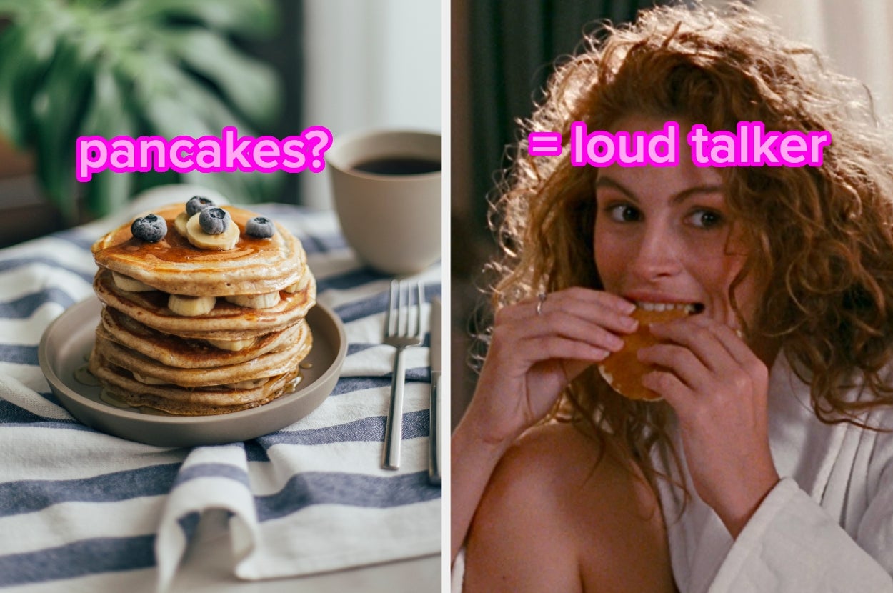 Stack of pancakes with text "pancakes?" left. Person eating with text "= loud talker" right