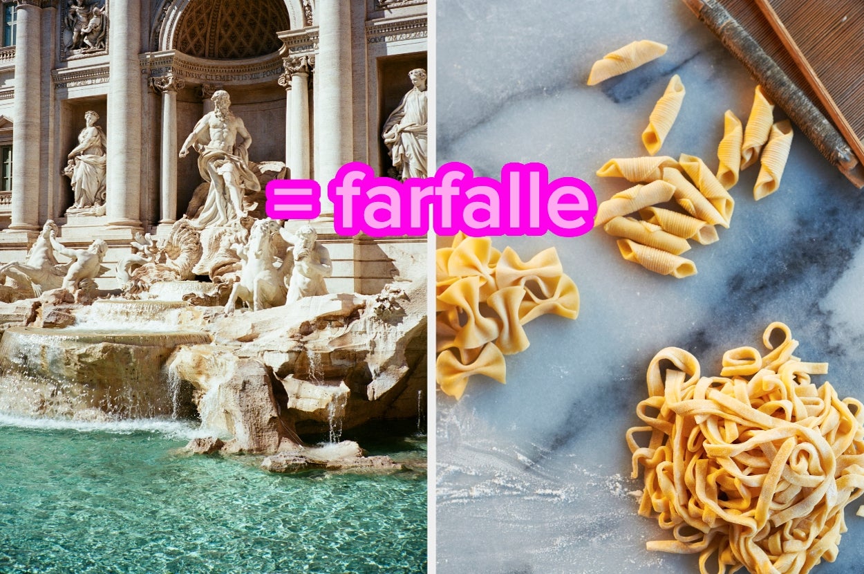 Trevi Fountain equals pasta; image compares fountain to various pasta shapes on a marble surface