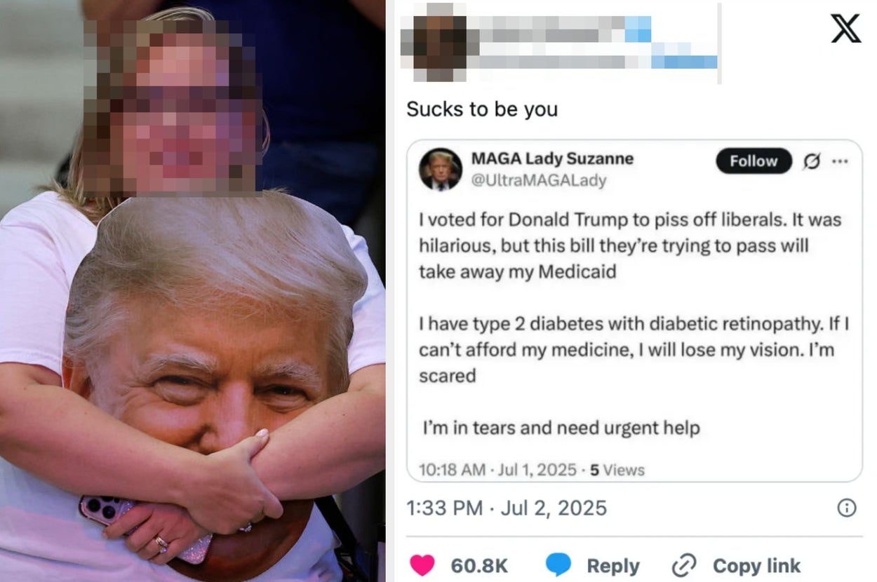 Woman hugging cutout of Donald Trump. Overlaid is a tweet expressing regret for supporting Trump, fearing loss of Medicaid impacting her health
