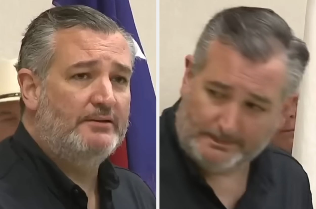 Two side-by-side images of a man speaking at an event with a flag in the background