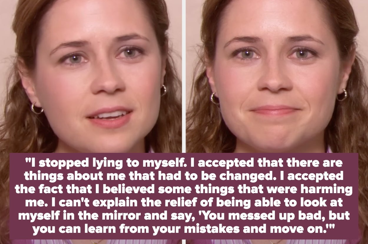 A person speaking reflects on self-acceptance and learning from mistakes, emphasizing personal growth and moving forward