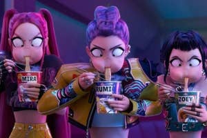 Three animated characters with vibrant hairstyles intensely eat noodles from cups labeled Mira, Rumi, and Zoey, displaying concentrated expressions