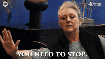 Person gesturing with hand extended, appearing to speak, with text overlay: &quot;YOU NEED TO STOP.&quot;