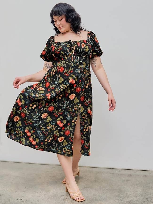 Person successful  a floral people     formal  with abbreviated  sleeves