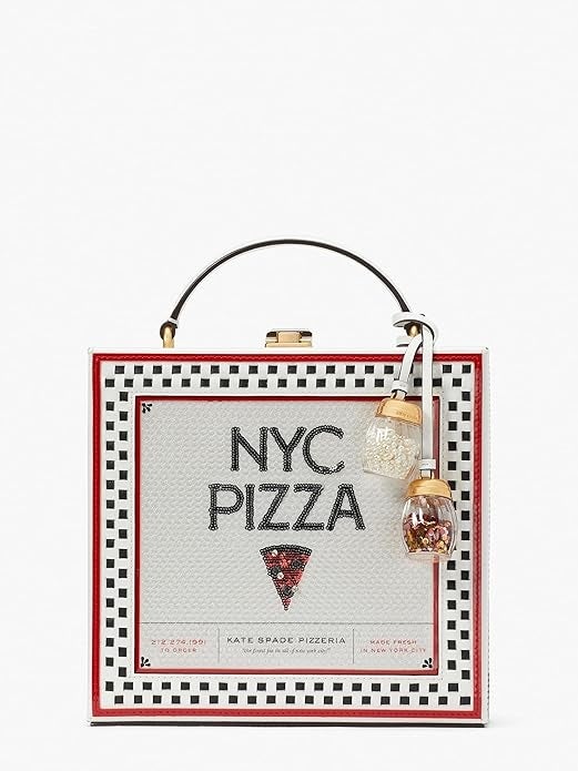 Square handbag designed similar  a pizza container  with 